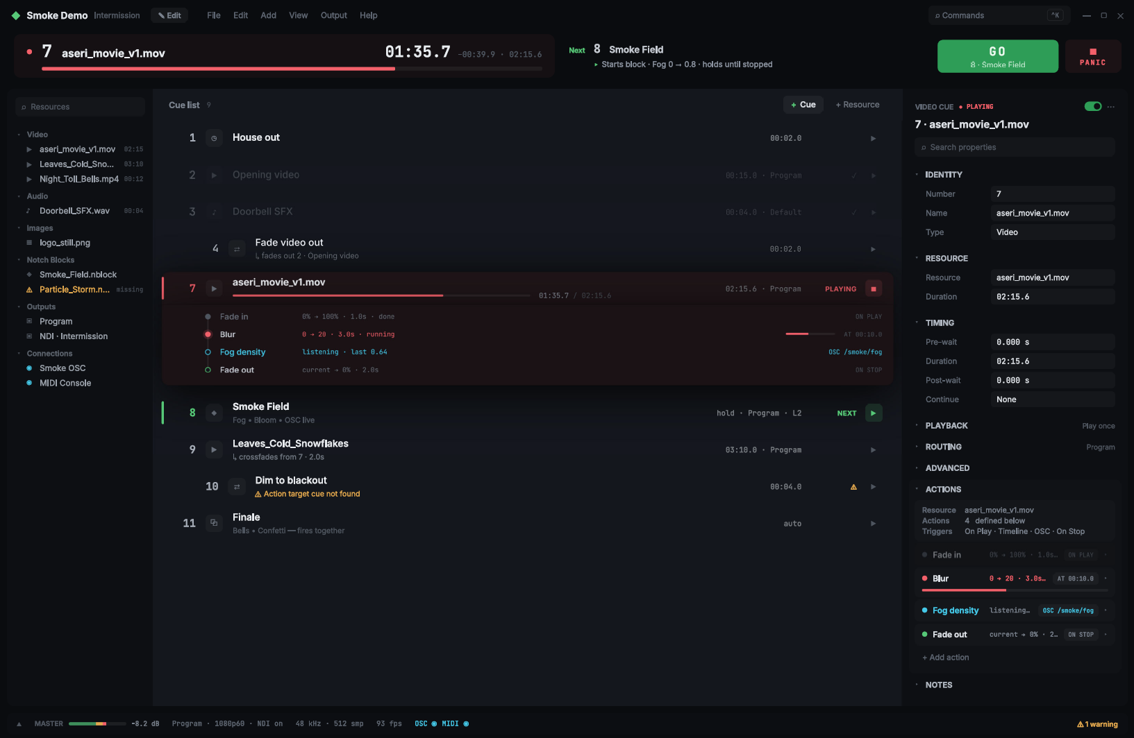 Showmesh operator interface showing the current cue, next cue, GO control, cue list, resources, inspector, and system status.